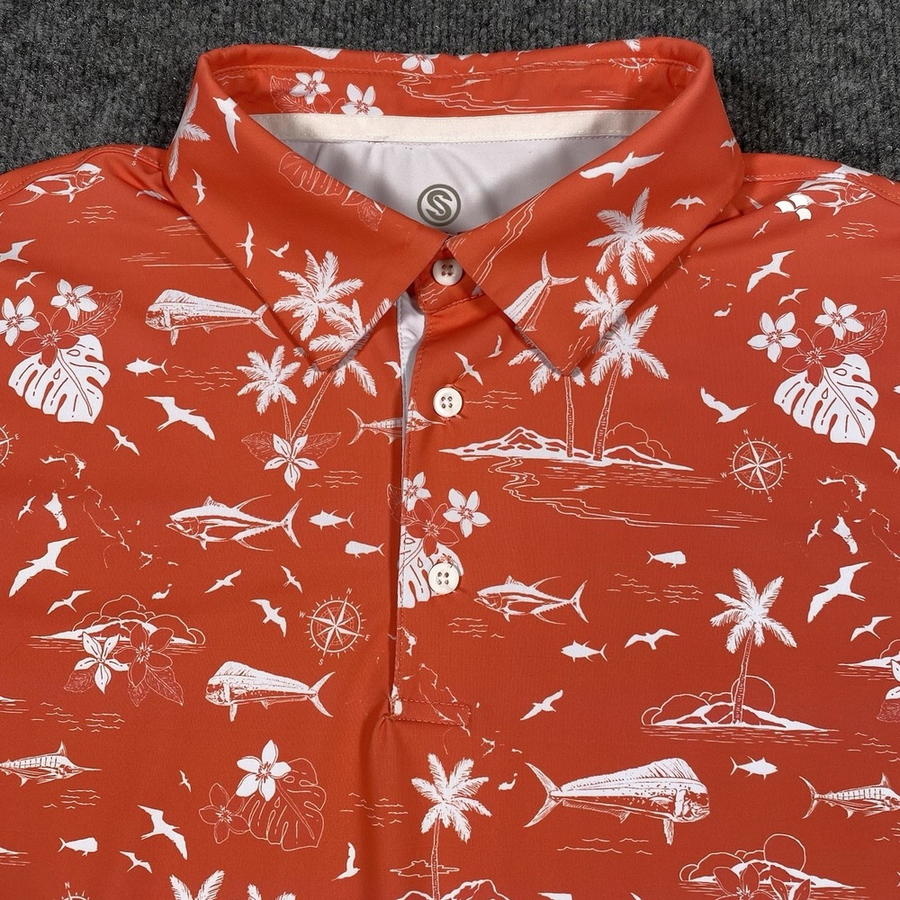 Scales Never a Tourist Polo Golf Casual Shirt Mens Medium Mahi Fish Island Print